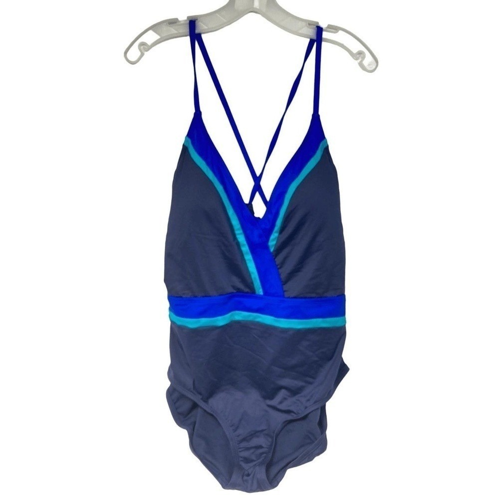 Sonnet Shores Blue One-Piece Swimsuit‎ Wrap Front Criss-Cross Back 16 - Picture 3 of 10